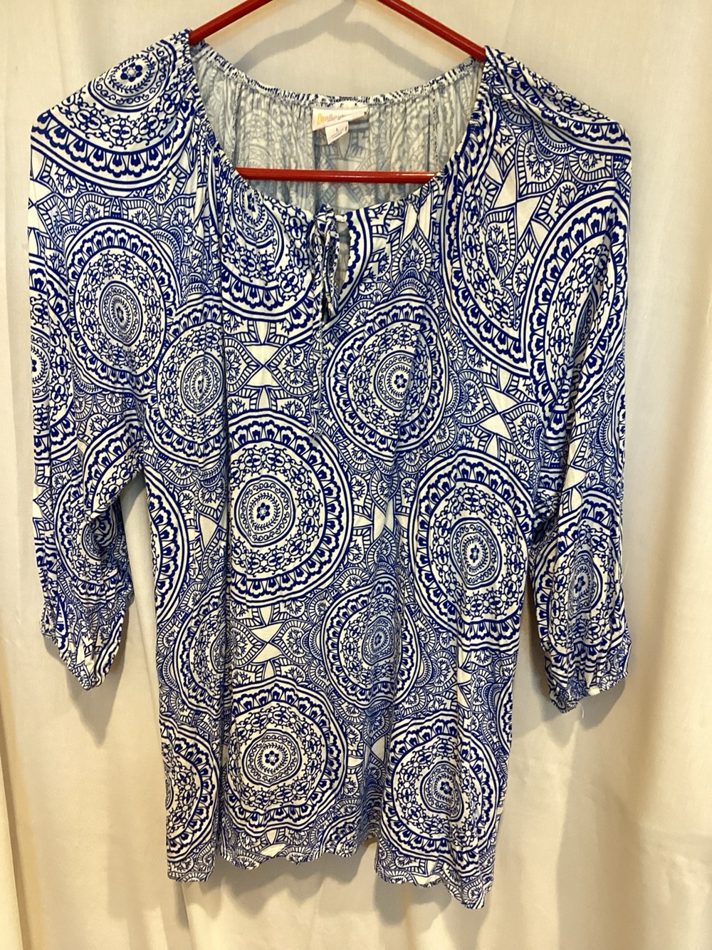 LuLaRoe White and Blue Medallion Printed Blouse